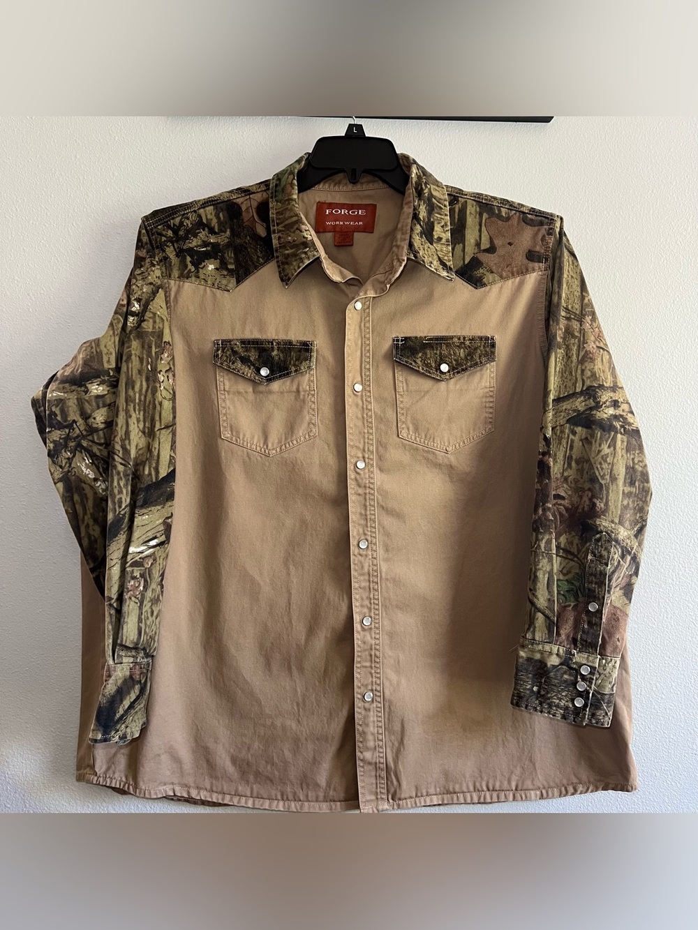 Forge Workwear Mens Camo Sleeve Tan Western Snap Button Long Sleeve Shirt 2XLT